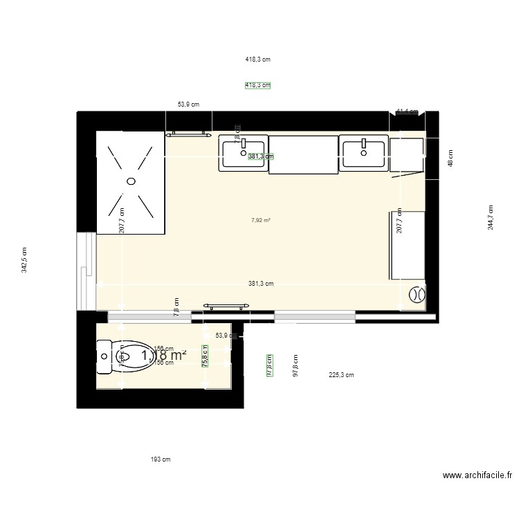 sdb. Plan de 2 pièces et 9 m2