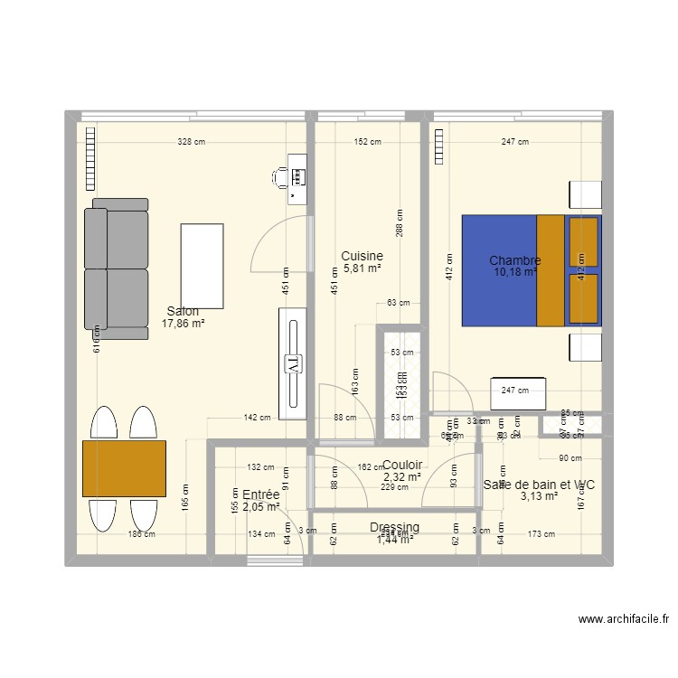 Soleil ameublement. Plan de 9 pièces et 44 m2