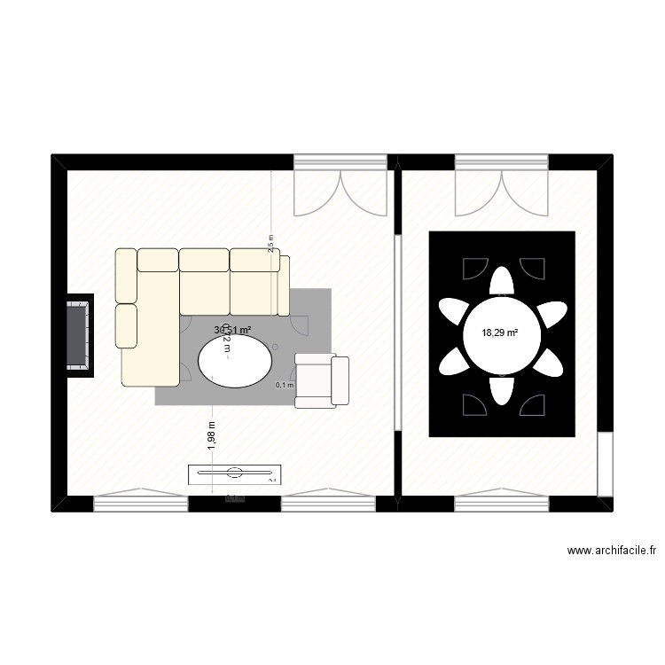 Salon Milan. Plan de 2 pièces et 49 m2