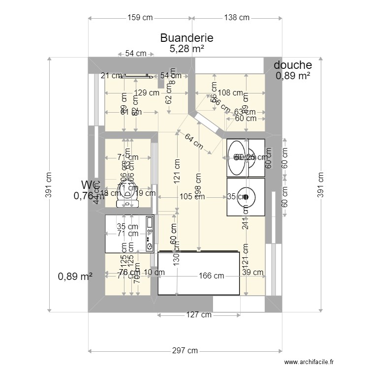 Buanderie version finale. Plan de 4 pièces et 8 m2