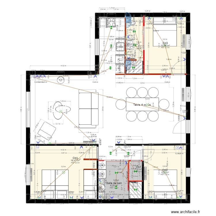 VDEF -W- Plan électrique. Plan de 6 pièces et 50 m2