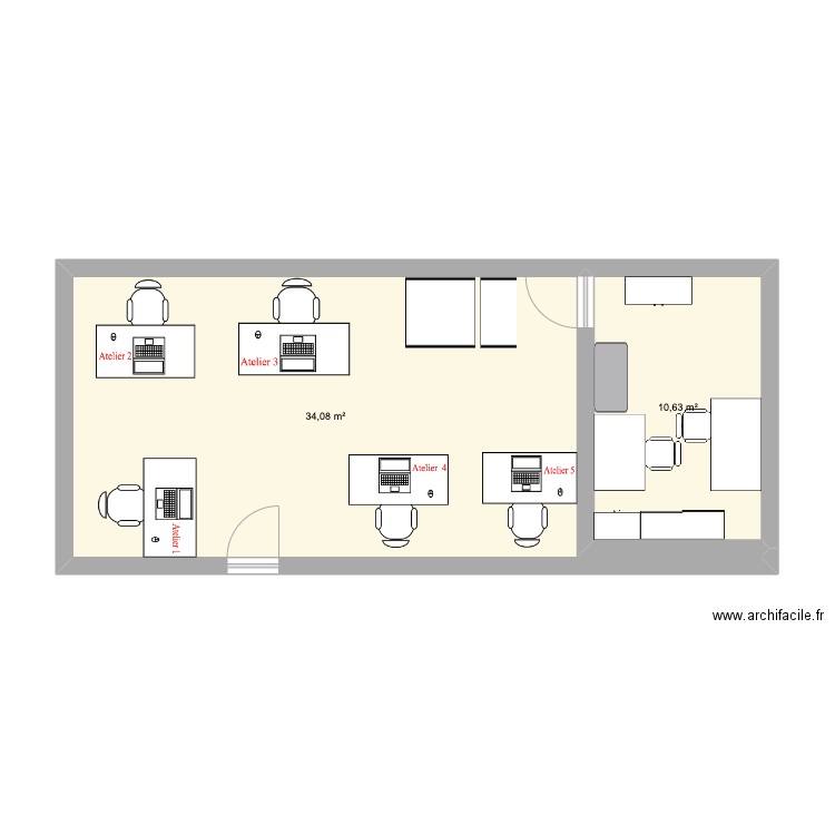 Atelier. Plan de 2 pièces et 45 m2