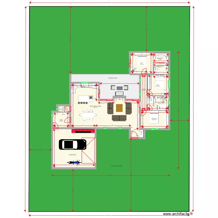 PLAN 120 m2 sur terrain 800m2. Plan de 