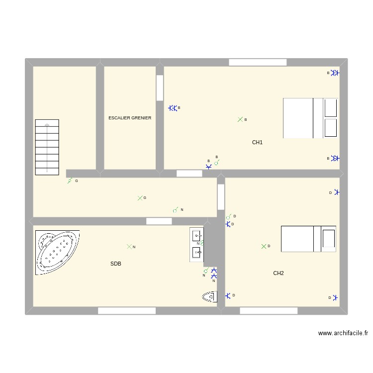 etage. Plan de 4 pièces et 80 m2