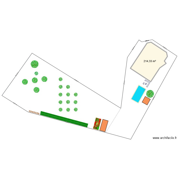 Exterieur complet avec plantation. Plan de 1 pièce et 214 m2
