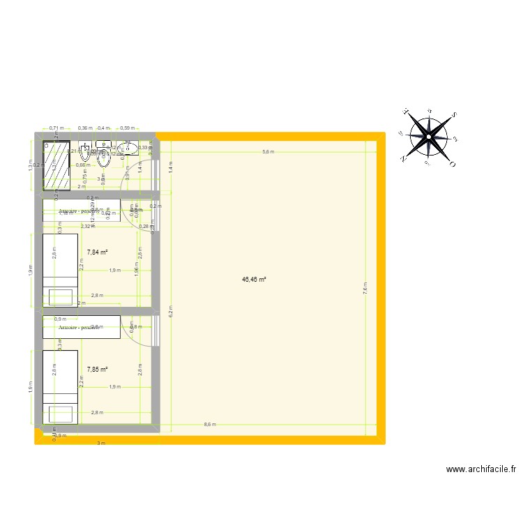 DiseñoSET23. Plan de 3 pièces et 62 m2