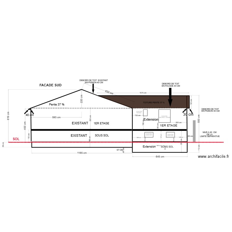 plan de coupe facade sud. Plan de 0 pièce et 0 m2