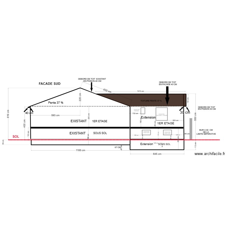 plan de coupe facade sud. Plan de 7 pièces et 109 m2