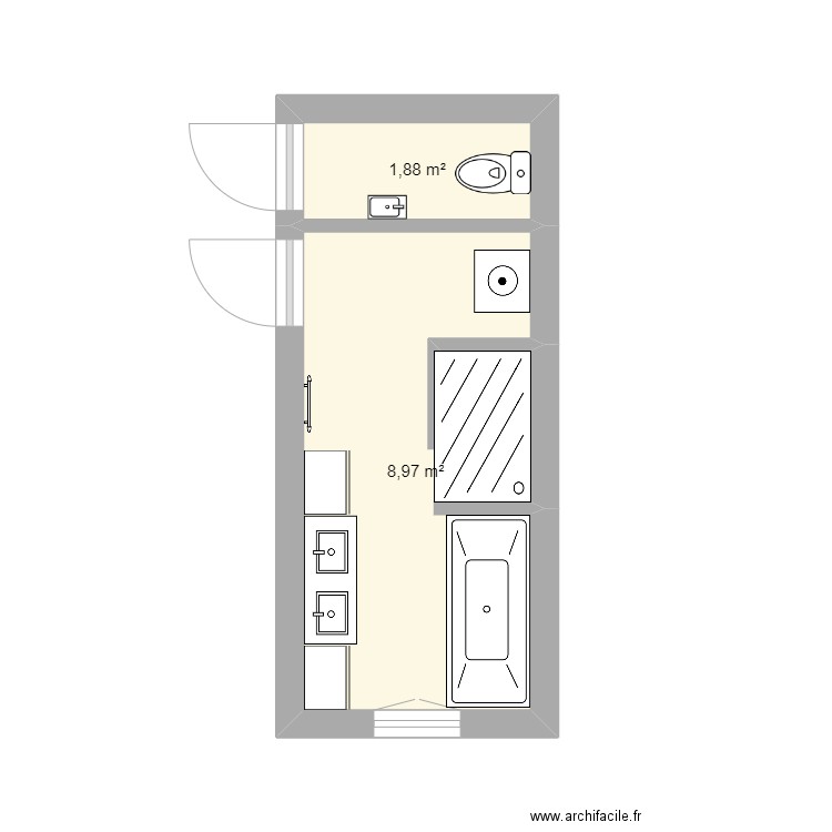 Salle de bain. Plan de 2 pièces et 11 m2