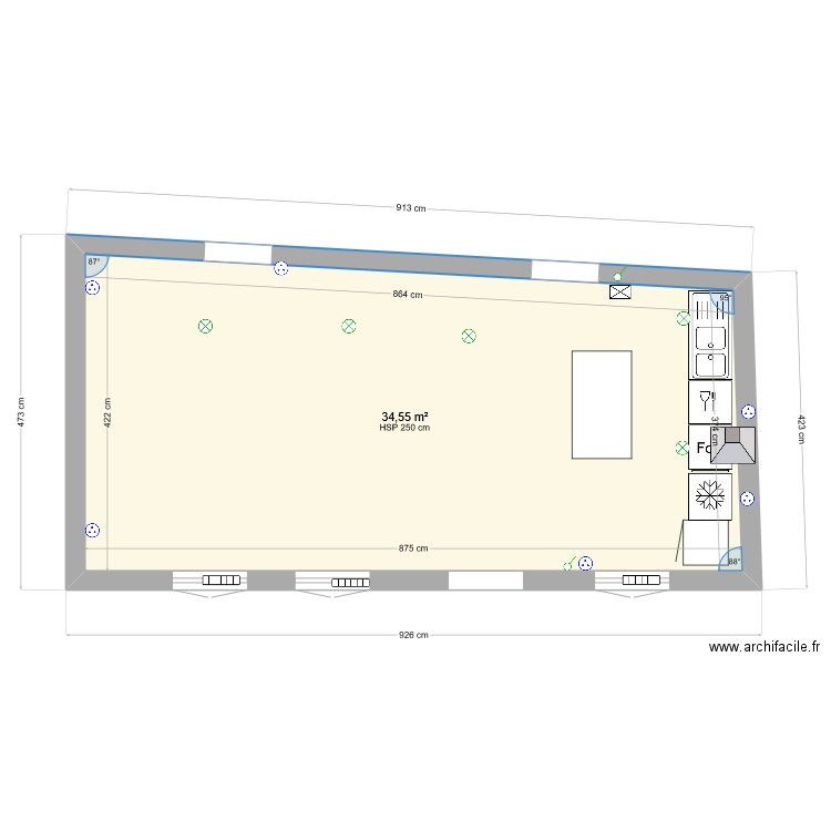 salon cuisine maison 2. Plan de 1 pièce et 35 m2