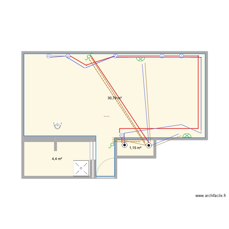 chambre. Plan de 3 pièces et 36 m2