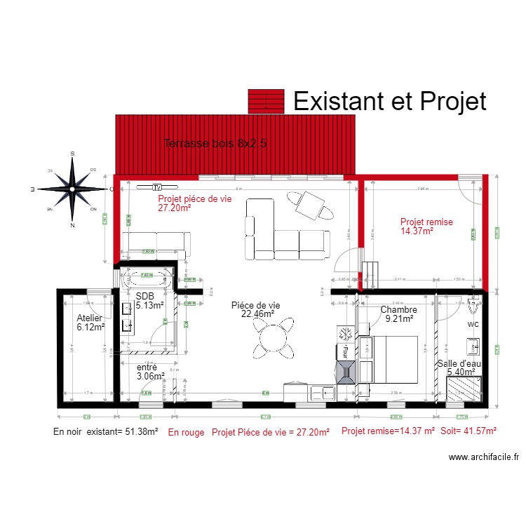 chalet 21 existant et projet . Plan de 5 pièces et 93 m2