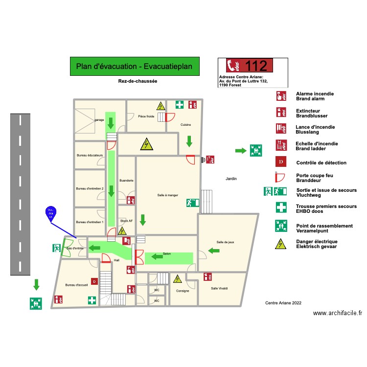 Plan d'évacuation entrée. Plan de 24 pièces et 292 m2