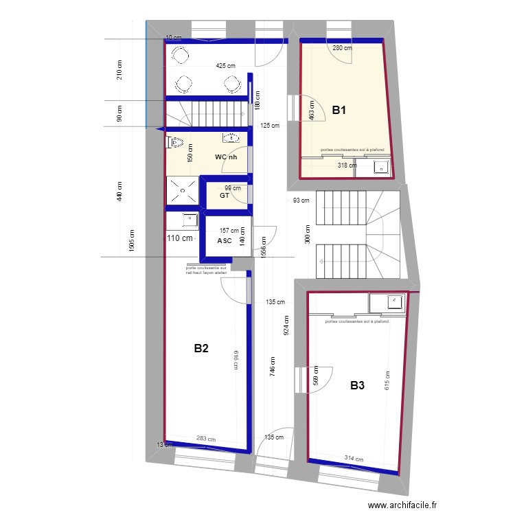 PROJET   RDC  avec douche . Plan de 4 pièces et 24 m2