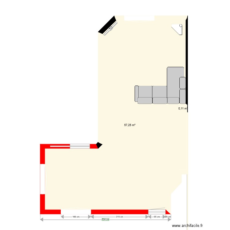 Projet cuisine. Plan de 2 pièces et 57 m2