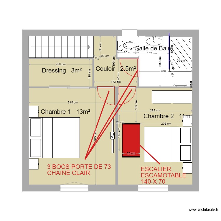 PORTES CHENE ET ESCALIER. Plan de 3 pièces et 32 m2