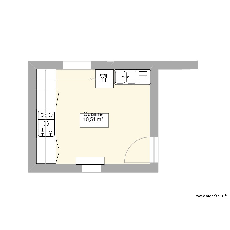 cuisine. Plan de 1 pièce et 11 m2