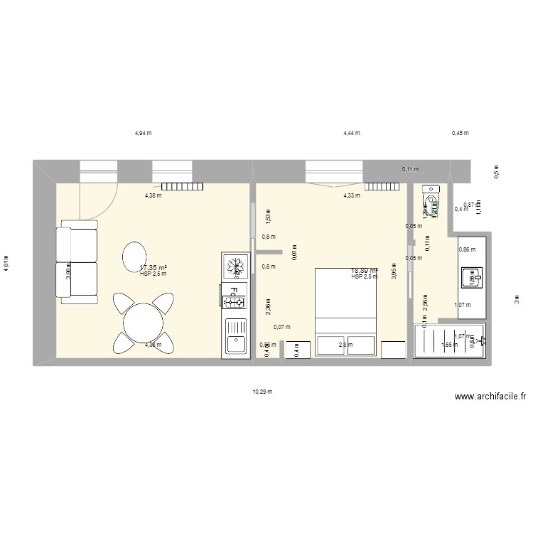 aménagement bas sylvie. Plan de 2 pièces et 36 m2