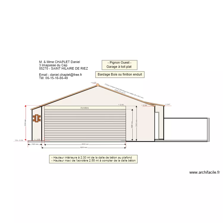 Extension garage -  Pignon Ouest - Toit plat - bardage bois. Plan de 