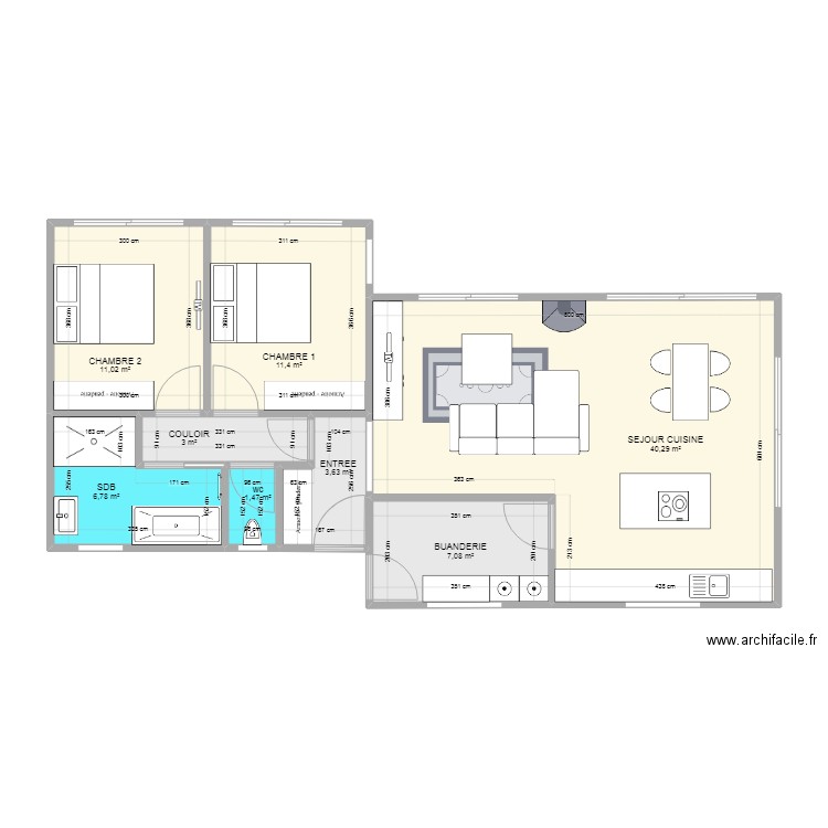 plan droit et veranda. Plan de 8 pièces et 85 m2