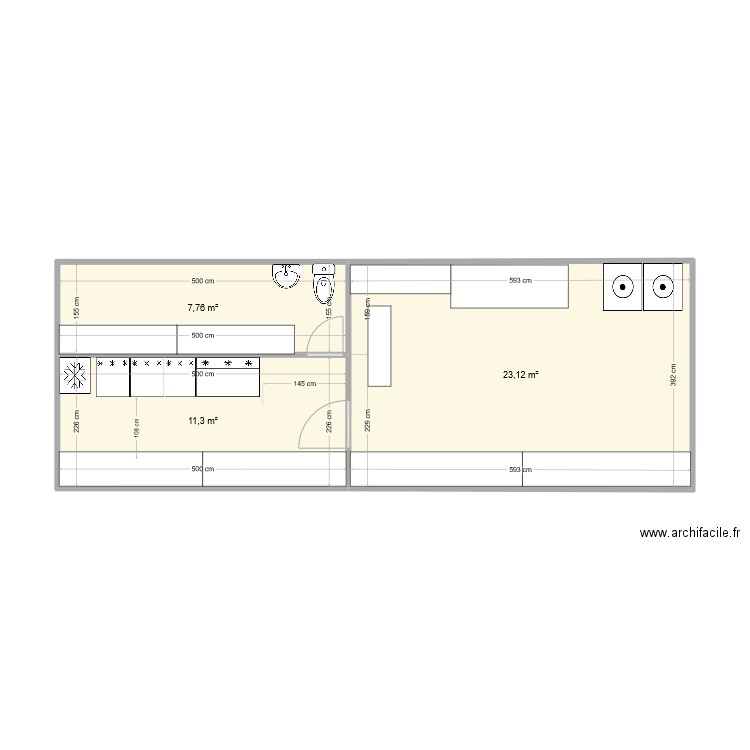 cave. Plan de 3 pièces et 43 m2