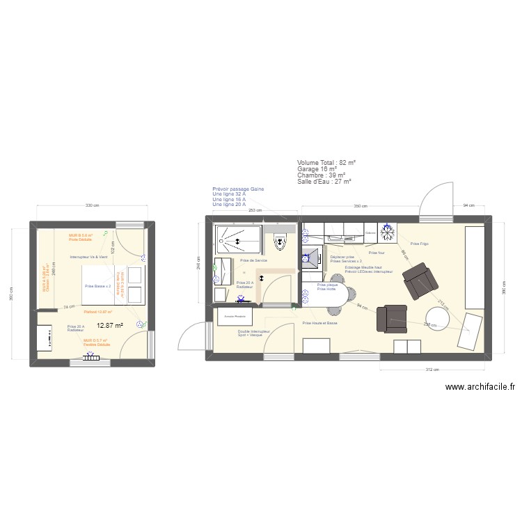 SALON SEJOUR CUISINE. Plan de 4 pièces et 43 m2