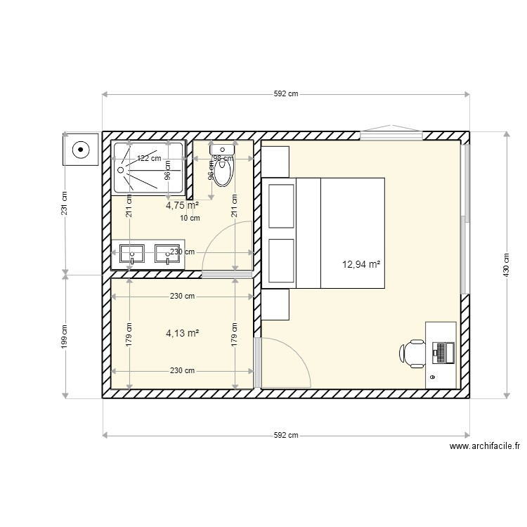 BUNGALOW 1. Plan de 3 pièces et 22 m2