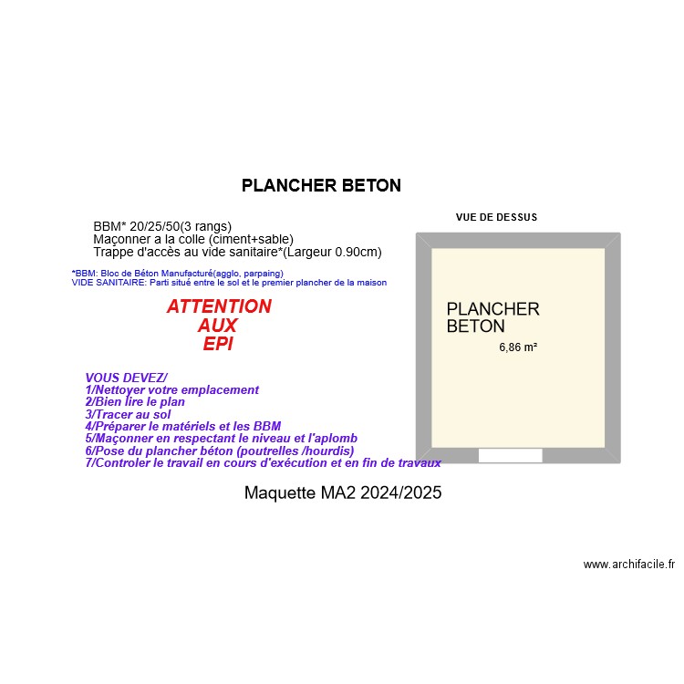 Maquette MA1 plancher béton. Plan de 1 pièce et 7 m2