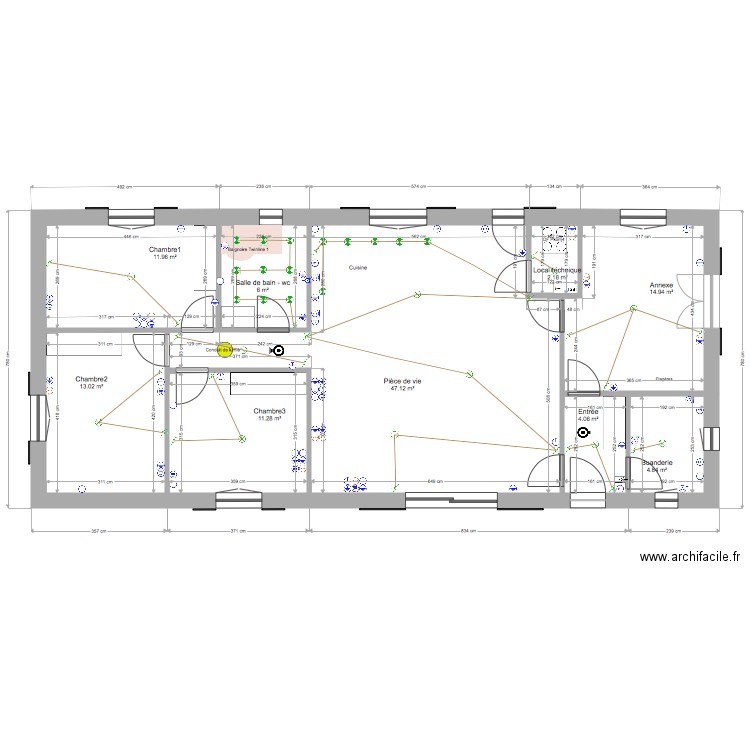 Projet Basikmob avec projection électrique et cotations pièces. Plan de 0 pièce et 0 m2