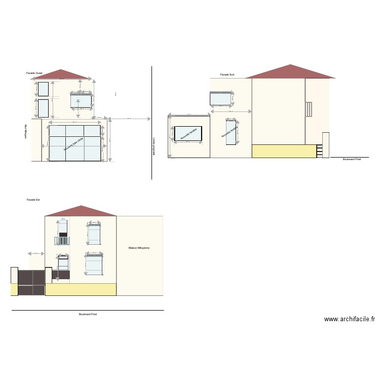 Facade avec mesure Projet Extension . Plan de 0 pièce et 0 m2