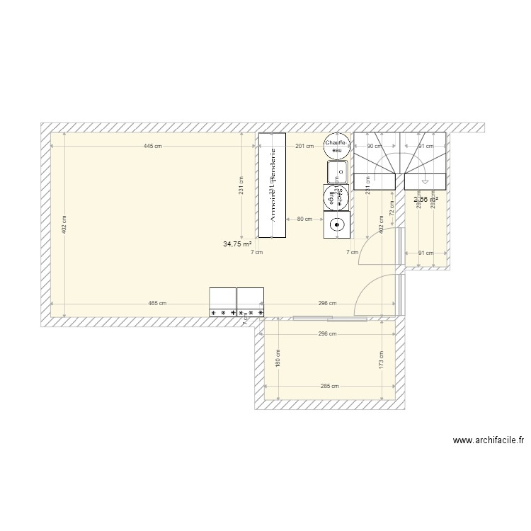 sous-sol longpont. Plan de 2 pièces et 37 m2