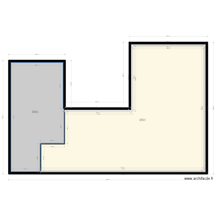 plan mur avec côtes + iso 140. Plan de 2 pièces et 206 m2