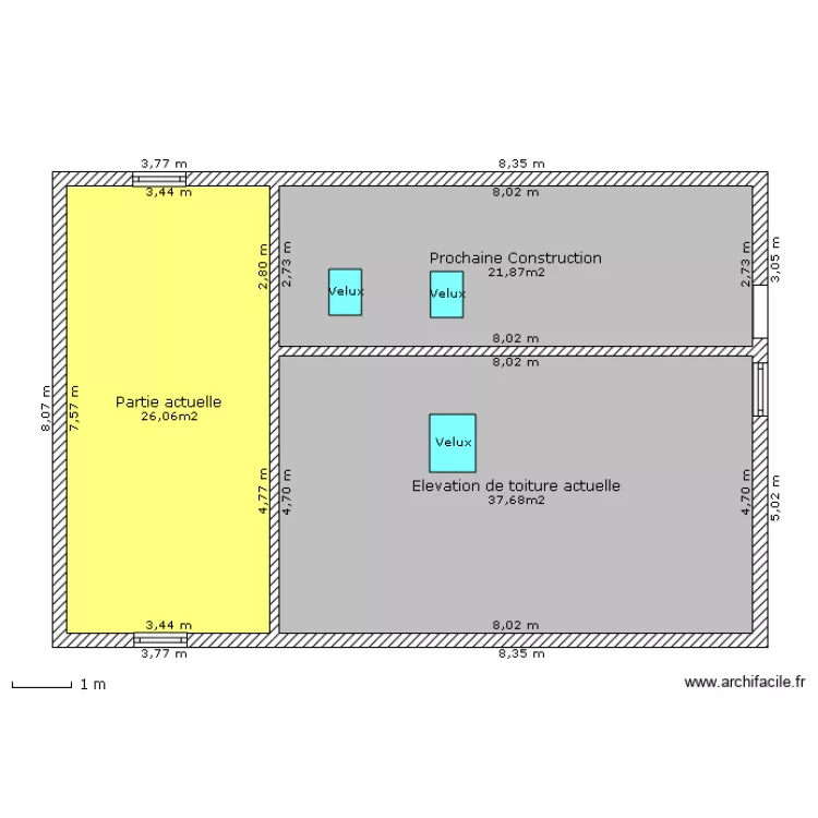 Etage avec toiture et Velux. Plan de 