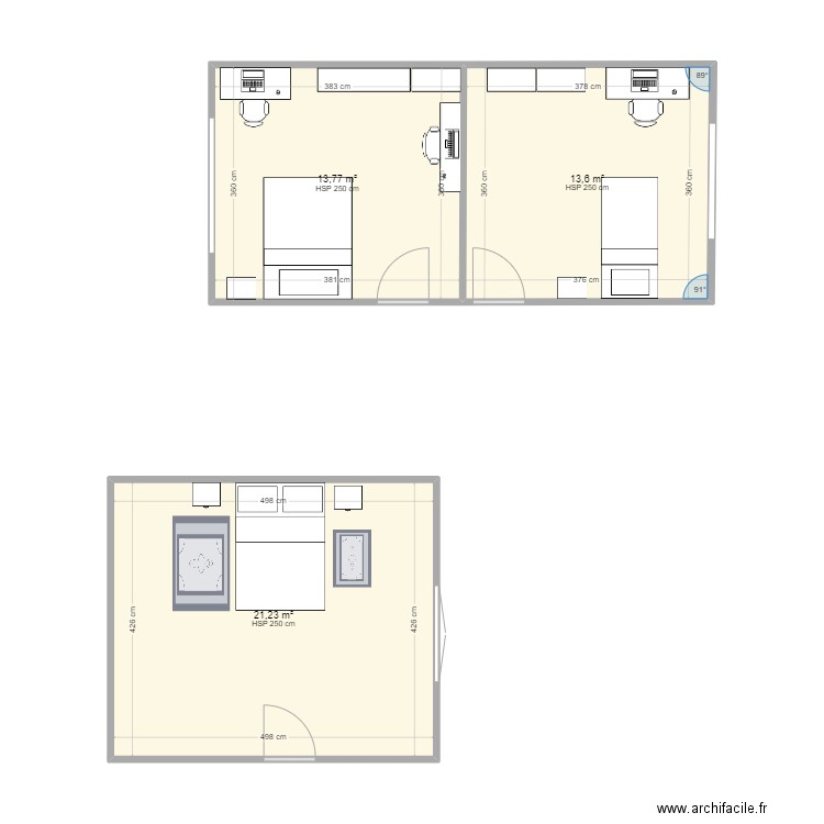 Chambre Elena. Plan de 3 pièces et 47 m2