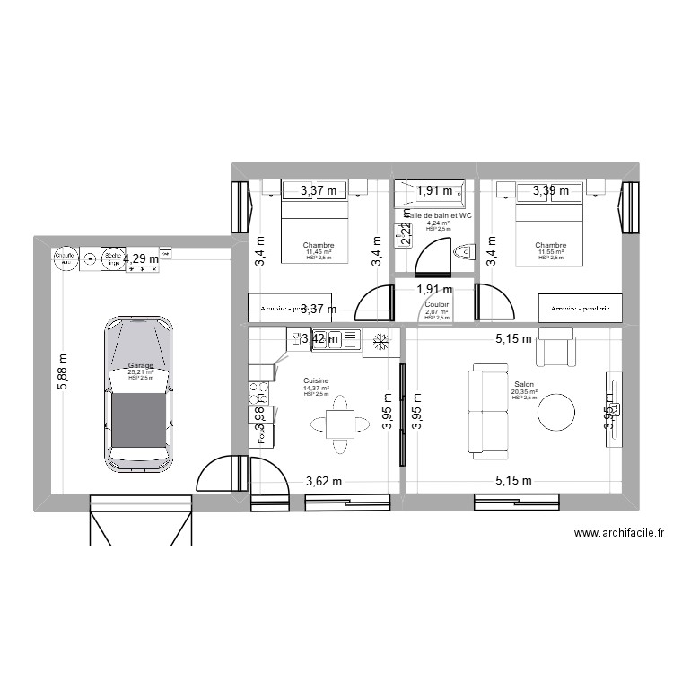 Maison 2 chambres. Plan de 7 pièces et 89 m2