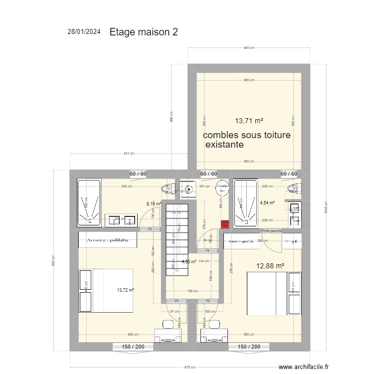 etage ch 1et 2. Plan de 6 pièces et 59 m2