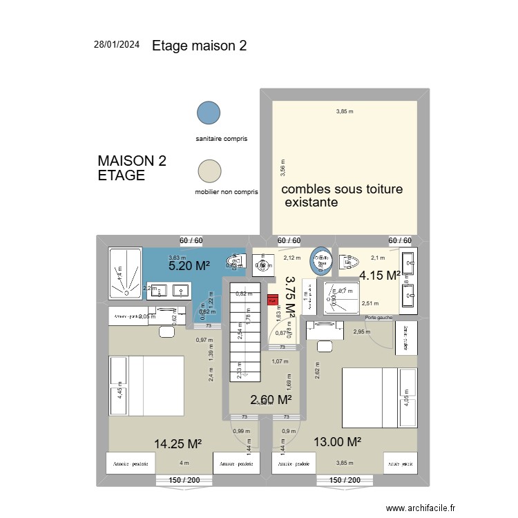 etage ch 1et 2. Plan de 6 pièces et 59 m2