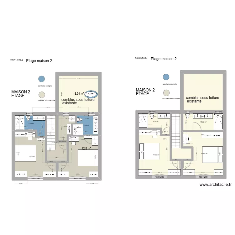 etage ch 1et 2. Plan de 11  et 98 m²