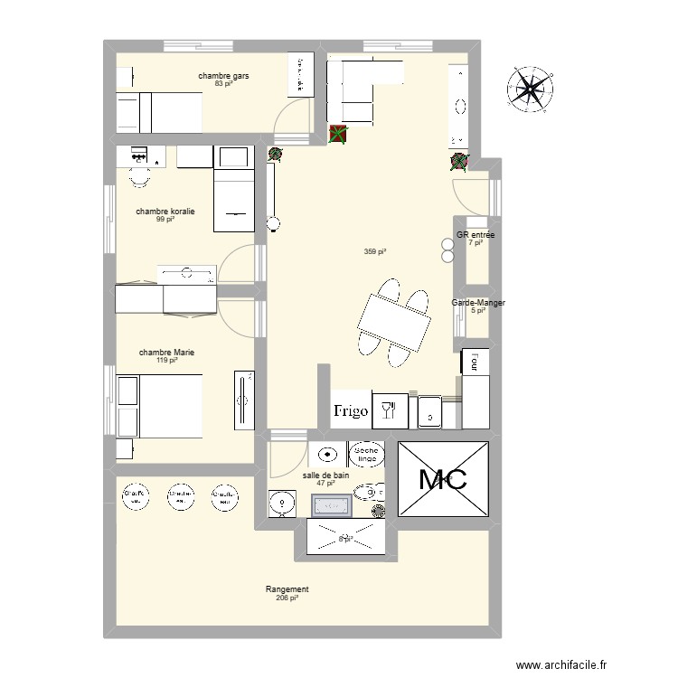 Appartement Marie Charpente. Plan de 10 pièces et 90 m2