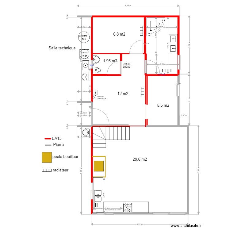 plan chauffage et eau chaude. Plan de 6 pièces et 56 m2