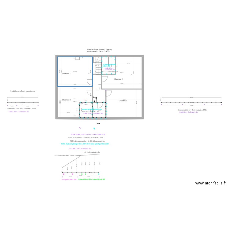 calcul placo grenier maison Thomery. Plan de 5 pièces et 102 m2