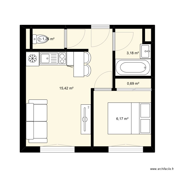 Studio étudiant formation . Plan de 5 pièces et 27 m2