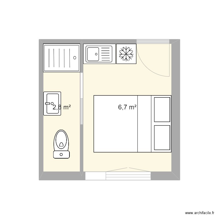 Studio 9m². Plan de 2 pièces et 10 m2