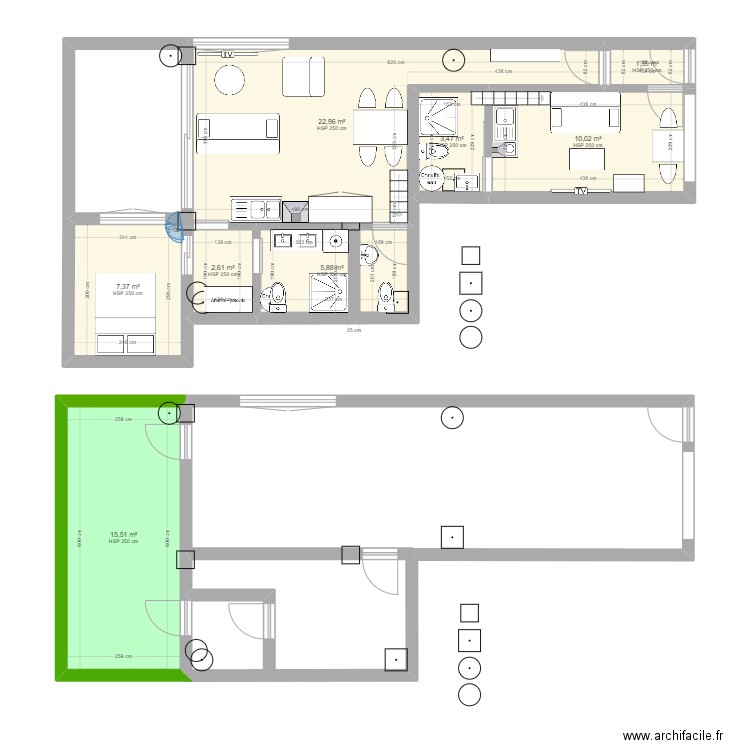 Grosso. Plan de 8 pièces et 69 m2