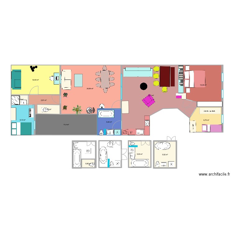 chave V2. Plan de 14 pièces et 130 m2