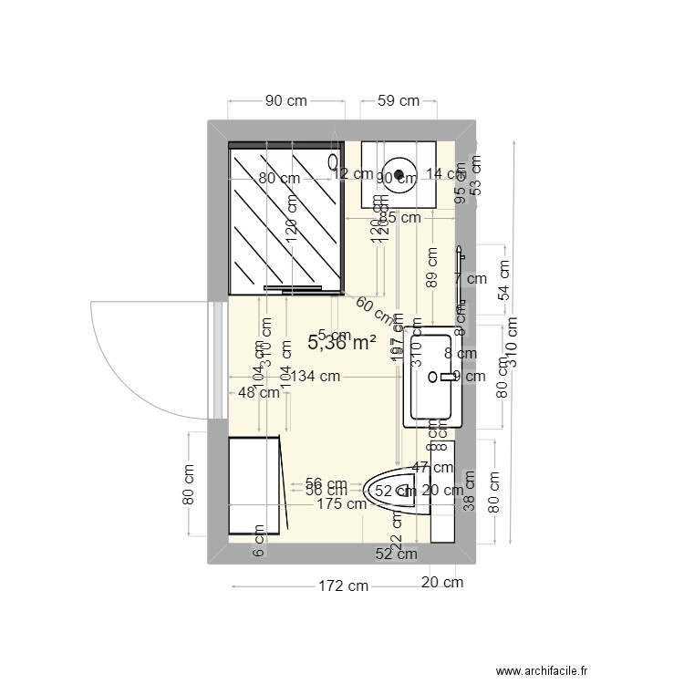 Salle de bain PM IKEA. Plan de 1 pièce et 5 m2