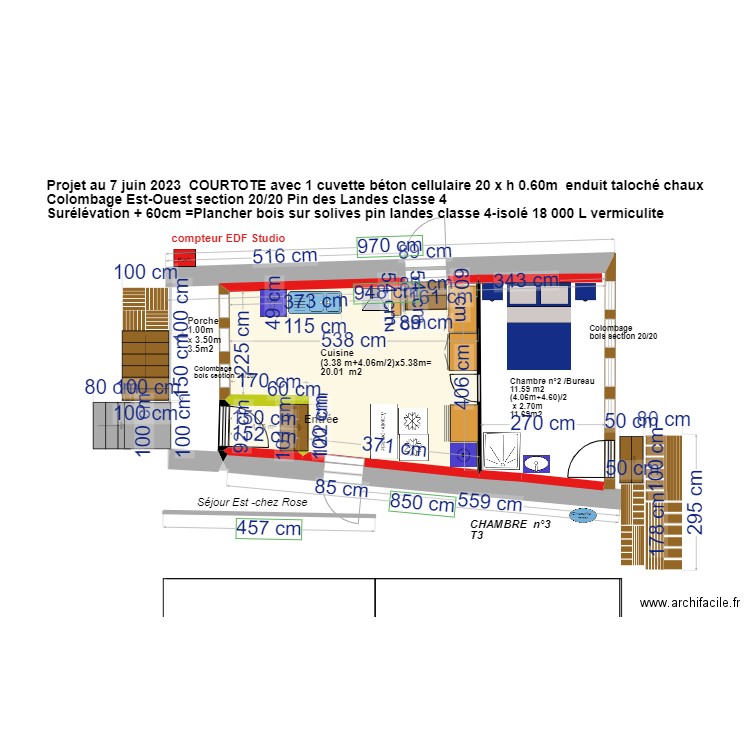 plan courtote 2D après travaux Porche+  cuisine + chambre sdb petite. Plan de 2 pièces et 19 m2