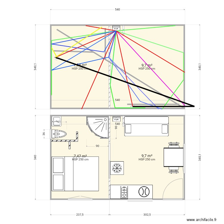 Cabane 3. Plan de 4 pièces et 34 m2