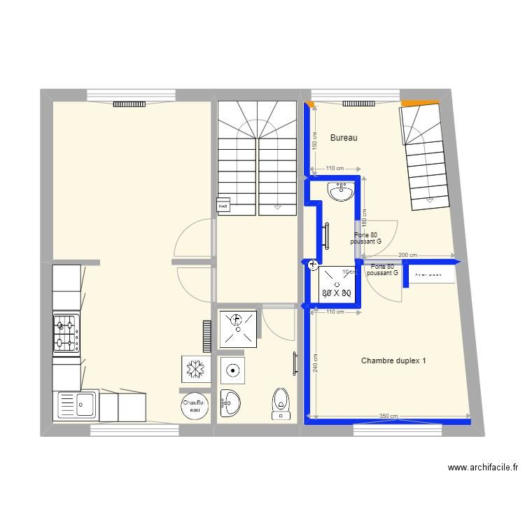 Placo duplex étage. Plan de 8 pièces et 56 m2