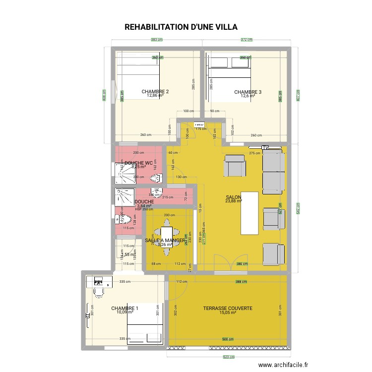 REHABILITATION MA MAISON. Plan de 9 pièces et 88 m2